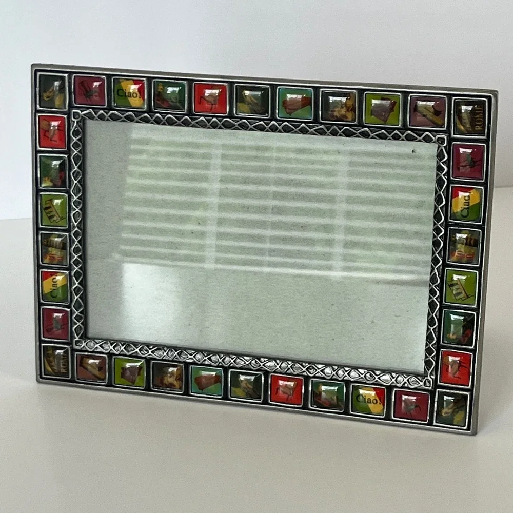Italian Ciao Rome Mosaic Tile Pewter Tone Metal Photo Frame‎ 4x6 Tabletop Decor